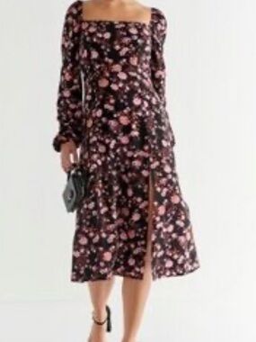 miami Black Midi Dress with Pink Floral Print